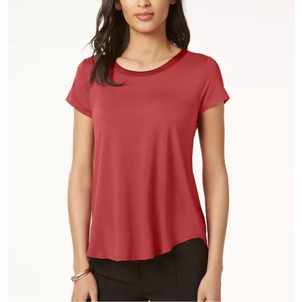 ALFANI Ivory Cream Satin-Trim High-Low T-Shirt Top - Picture 7 of 7